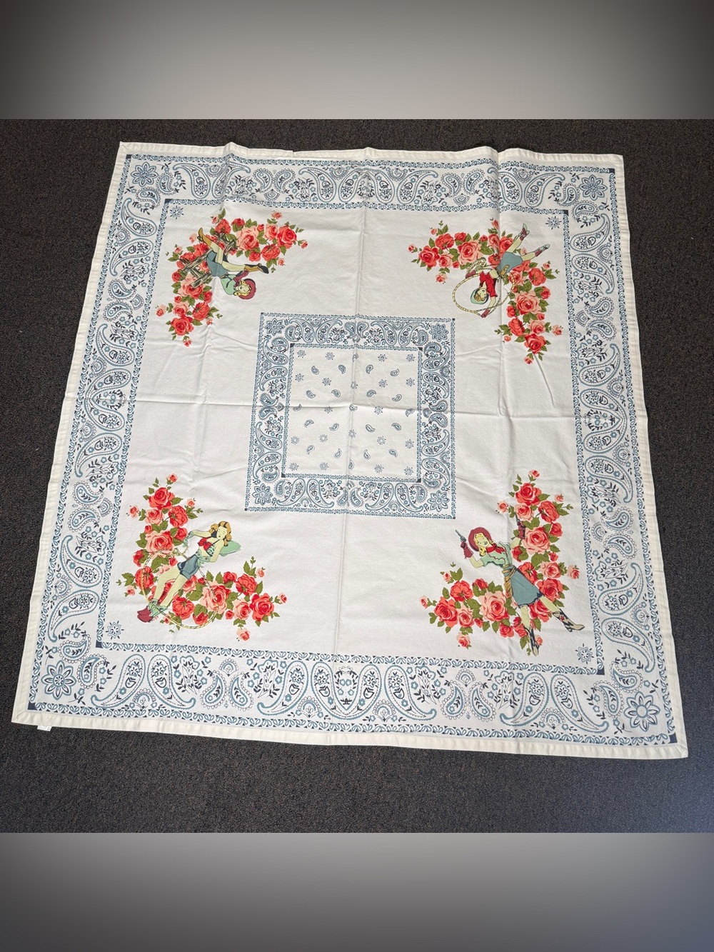 Floral Bandana Tablecloth - White with Red & Blue Floral Print